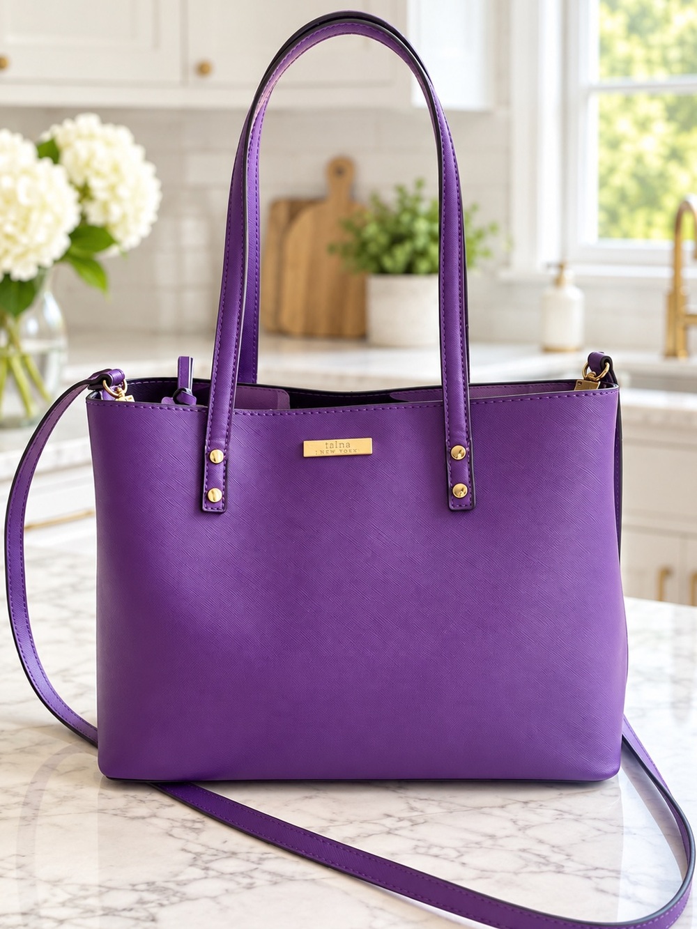 Trina Turk Purple Tote Bag W/ Floral Pouch Attached Inside and Detachable Strap